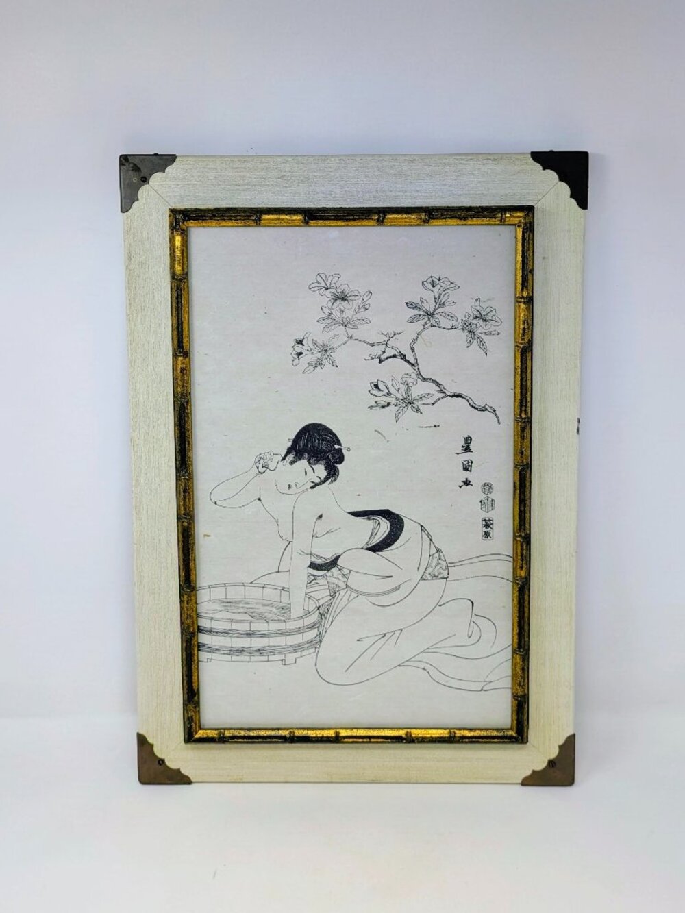 Vintage Japanese Woodblock "Woman Bathing Under Flowers" by Utagawa Toyokuni I